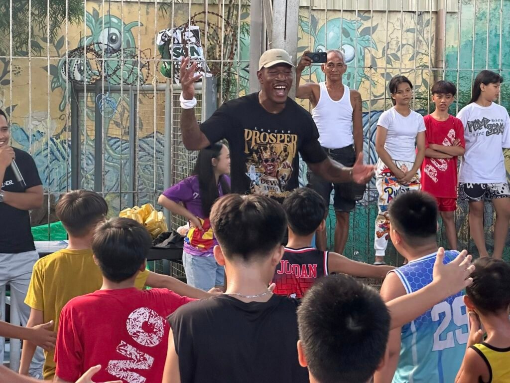 Lester Prosper leads the kids in attendance at his outreach in basketball drills in Pandacan, Manila on Tuesday, August 19, 2025. [photo credit: Brian Yalung]