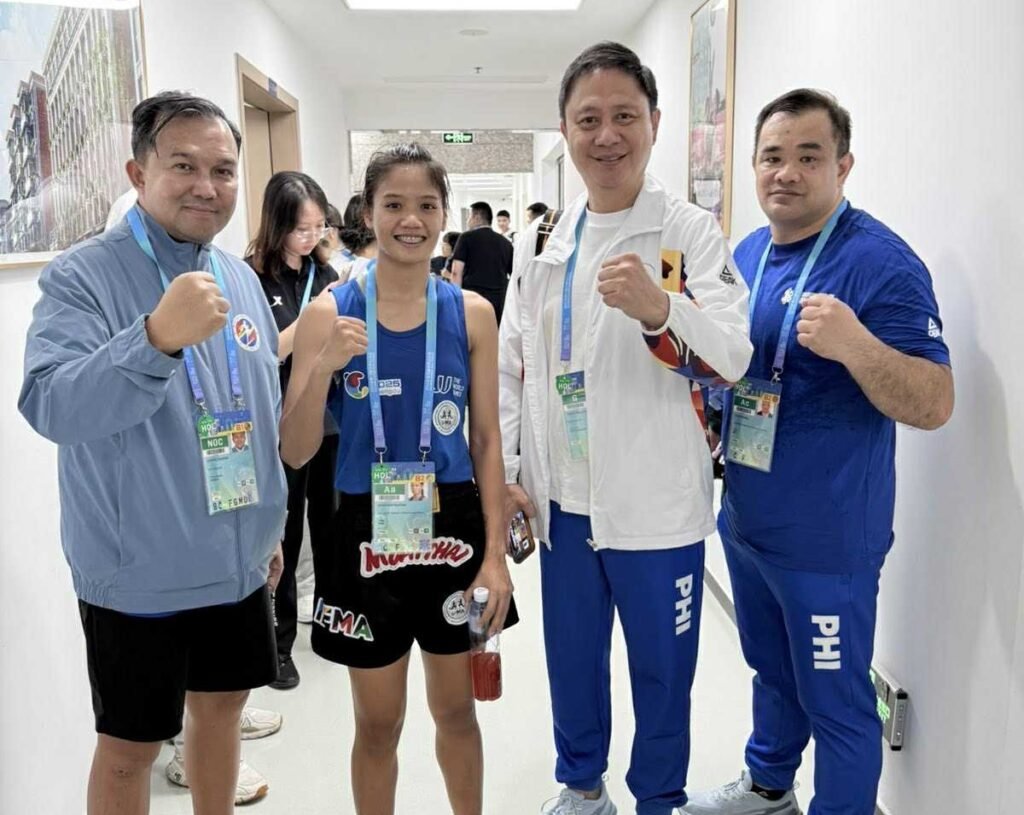 Rudzma Abubakar (second from left) with Team Philippines Chef de Mission Stephen Arapoc, PSC Chairman Patrick Gregorio, and Muay Thai head coach Billy Alumno. [[photo credit: Chengdu World Games 2025]