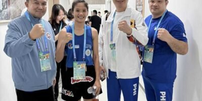 Rudzma Abubakar (second from left) with Team Philippines Chef de Mission Stephen Arapoc, PSC Chairman Patrick Gregorio, and Muay Thai head coach Billy Alumno. [[photo credit: Chengdu World Games 2025]