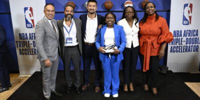 NBA Deputy Commissioner and Chief Operating Officer Mark Tatum, Maged Farrag (UBR VR), Peng Chen (HustleSasa), Yewande Akinse (Salubata), Folayemi Agusto (Festival Coins) and NBA Africa CEO Clare Akamanzi at the first NBA Africa Triple-Double Accelerator Demo Day at the NBA headquarters in New York City last year (Credit: NBA Africa)