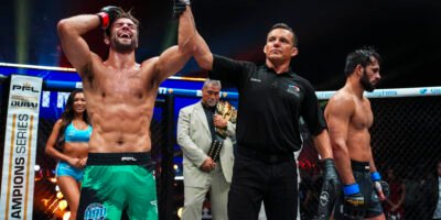 Alfie Davis celebrates after defeating Gadzhi Rabadanov for the PFL Lightweight title. [PFL photo]
