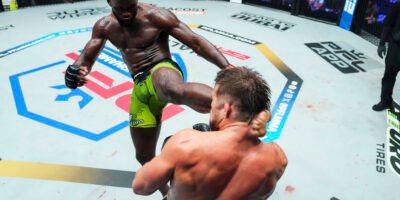 Edwards lands a head kick against Dalton Rosta to capture the middleweight crown. [PFL photo]