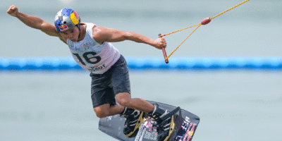 Raph Trinidad of the Philippines competes during the men's cable wakeboard qualification of Waterski & Wakeboard event at the World Games 2025 in Chengdu, southwest China's Sichuan Province, Aug. 8, 2025. (Xinhua/Bei He)