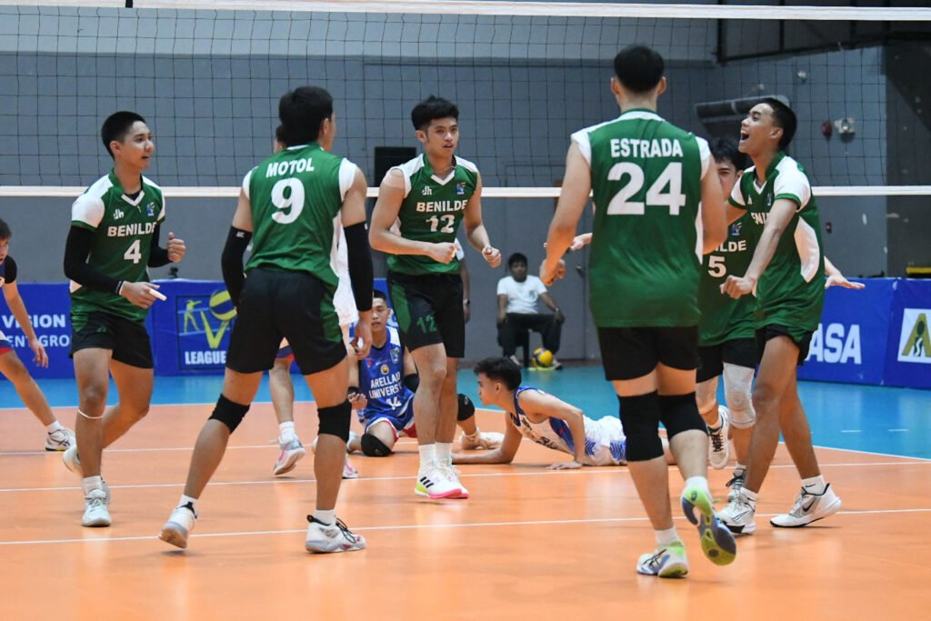 The Benilde Blazers celebrate after securing their first V-League 2025 win against Arellano. [PVL Images]