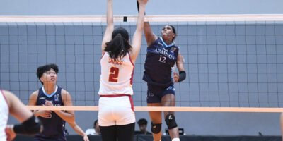Adamson’s Frances Mordi powers through Perpetual’s blockers during their V-League match. [PVL Images]