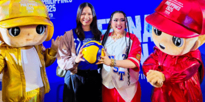 MEN’S world championship ambassador Eya Laure (second from left), Cebu pride Karencitta (third from left) and official mascots Kid Lat (left) and Kool Log regale the crowd at the SM Seaside in Cebu City. [PNVF Communications Photo]