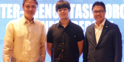 LOCAL Organizing Committee co-chairman William Vincent “Vinny” Araneta Marcos (center) with Philippine Sports Commission chairman Patrick Gregorio (left) and Philippine National Volleyball Federation president Ramon “Tats” Suzara.