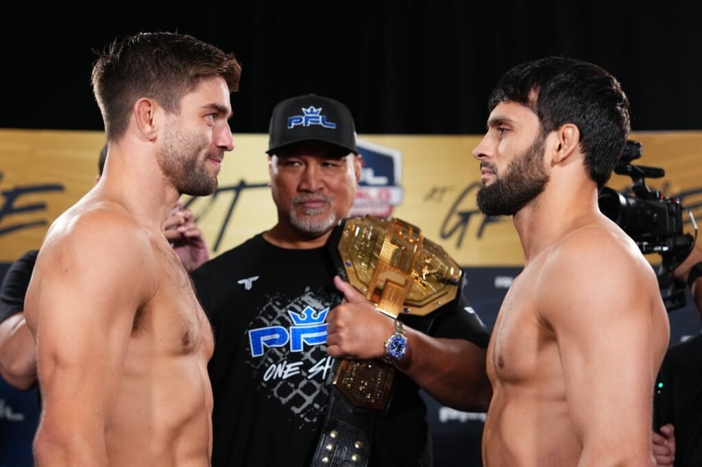 Fighters take the stage for the official PFL weigh-ins at Bojangles Coliseum.