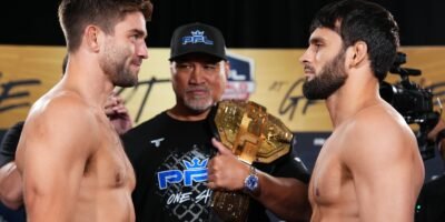 Fighters take the stage for the official PFL weigh-ins at Bojangles Coliseum.