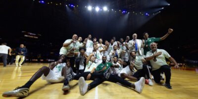 Al-Ahli Tripoli celebrates after winning bronze at the FIBA Intercontinental Cup. [photo: Basketball Africa League]