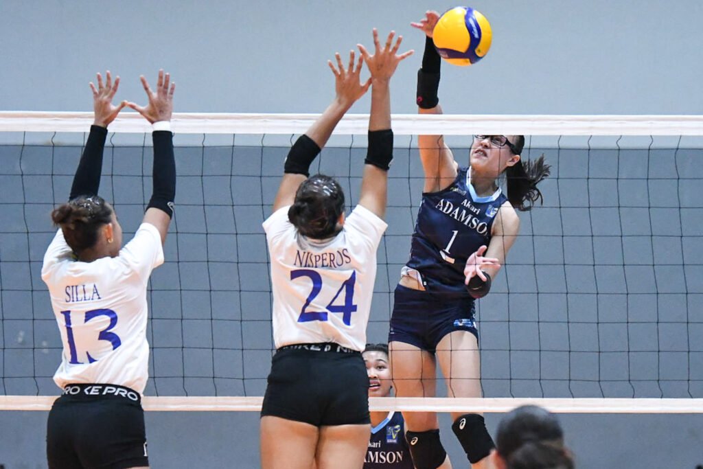 Adamson’s Shaina Nitura rises for a kill against Ateneo defenders. [PVL Images]