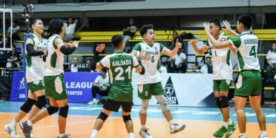 Benilde players celebrate their stunning five-set win over FEU. [PVL Images]