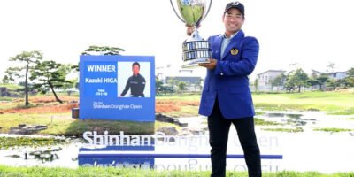 Kazuki Higa celebrates after clinching his second Shinhan Donghae Open title. [Asian Tour photo]