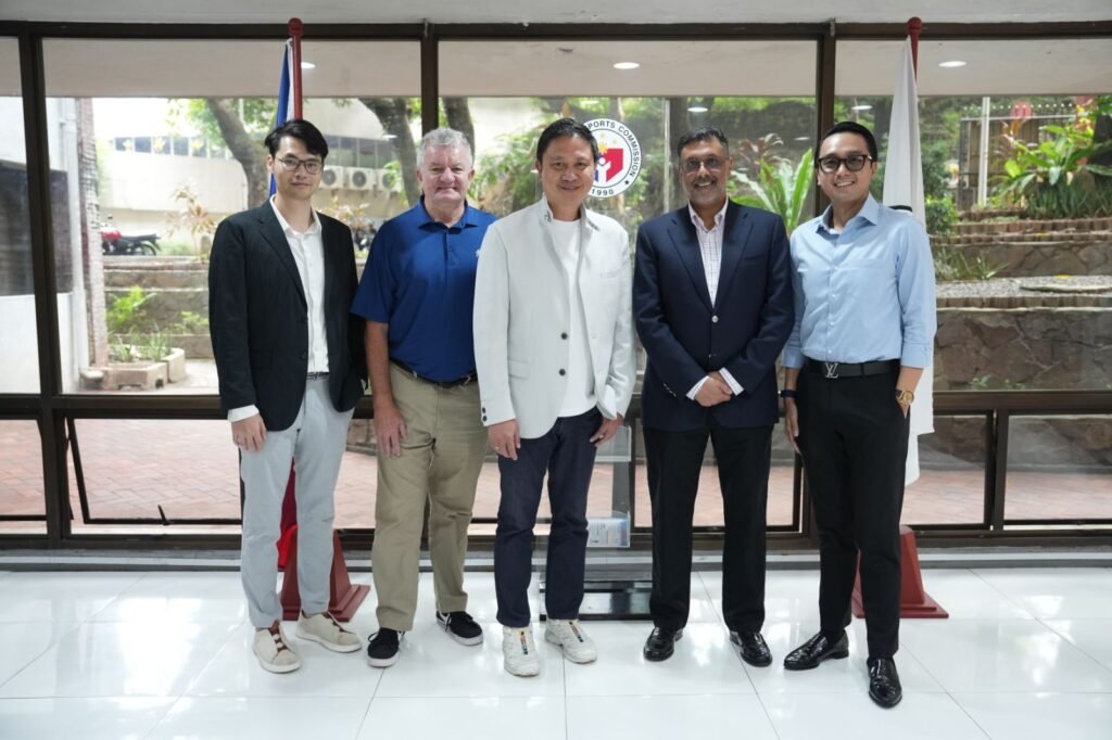 PSC Chairman Patrick Gregorio (center) pledged his full backing for the upcoming Manila leg of the International Series during a courtesy visit on Tuesday by key tournament officials (L-R): Jordan Lam, Tournament Director Pat Janssen, International Series Head Rahul Singh, and Migs Almeda. [PSC photo]