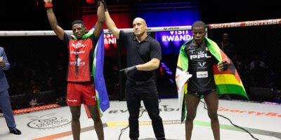 Nkosi Ndebele celebrates his split decision win in Kigali. [PFL photo]
