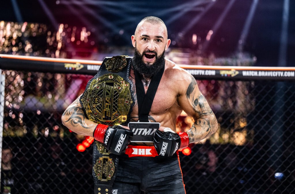 Pavel Dailidko celebrates his dominant title defense at BRAVE CF 99. [BRAVE CF photo]