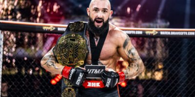 Pavel Dailidko celebrates his dominant title defense at BRAVE CF 99. [BRAVE CF photo]