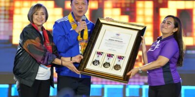 PSC Chairman Pato Gregorio and Batang Pinoy 2025 Project Director Bong Coo conferred Plaque of Appreciation to Mayor Lorelie Pacquiao for General Santos City's successful hosting of the tournament. [PSC photo]