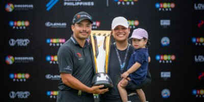 Miguel Tabuena celebrates after sinking the winning putt at Sta. Elena Golf Club. [photo credit: Graham Uden/Asian Tour]