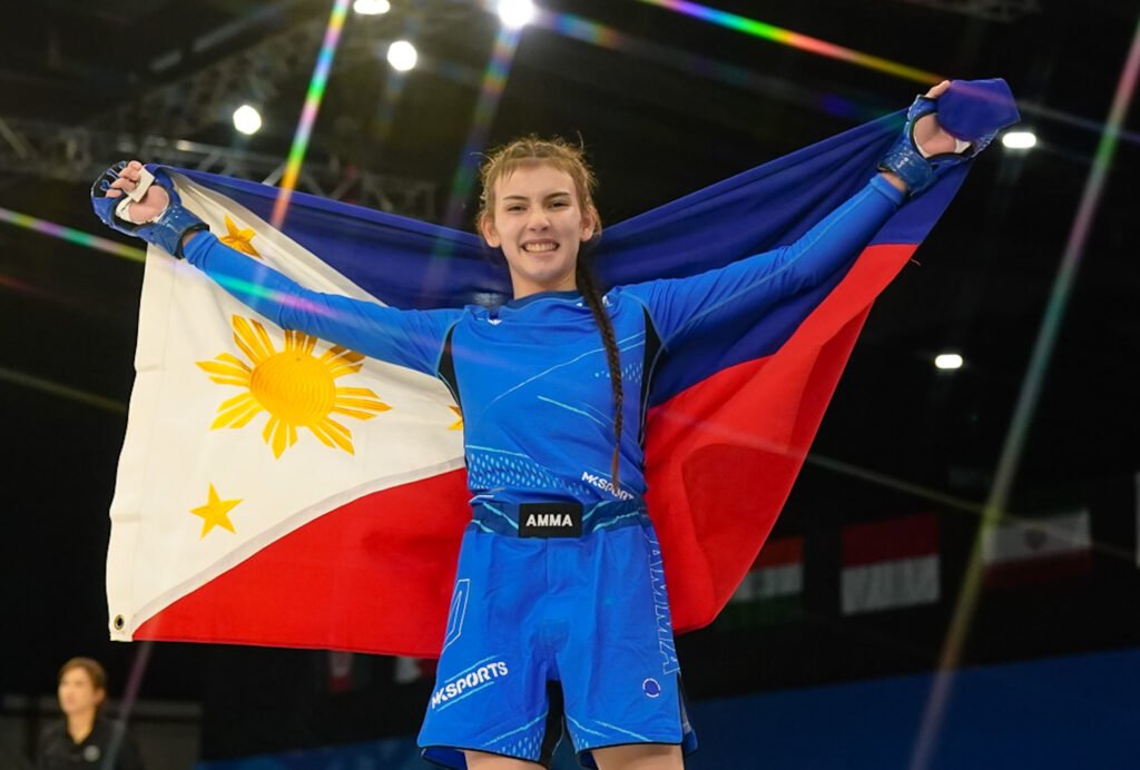 Charlie Ratcliff celebrates after winning gold in girls’ MMA at the Asian Youth Games in Bahrain. [POC photo]