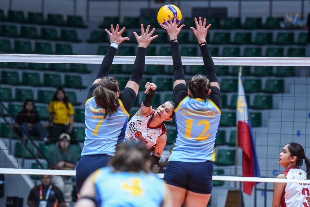 Choco Mucho’s Kat Tolentino powers a spike against Capital1’s defense in their PVL Reinforced Conference opener. [PVL Images]