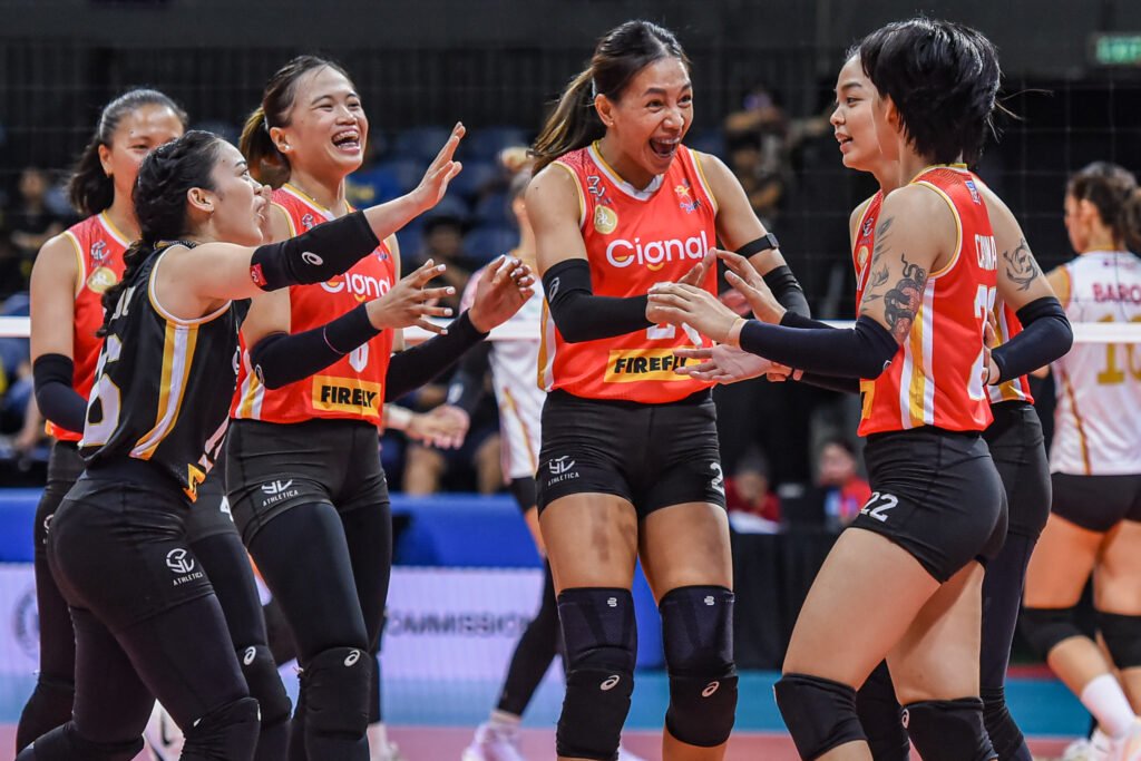 Cignal celebrates its stunning all-Filipino sweep over PLDT in the PVL Reinforced Conference. [PVL Images]