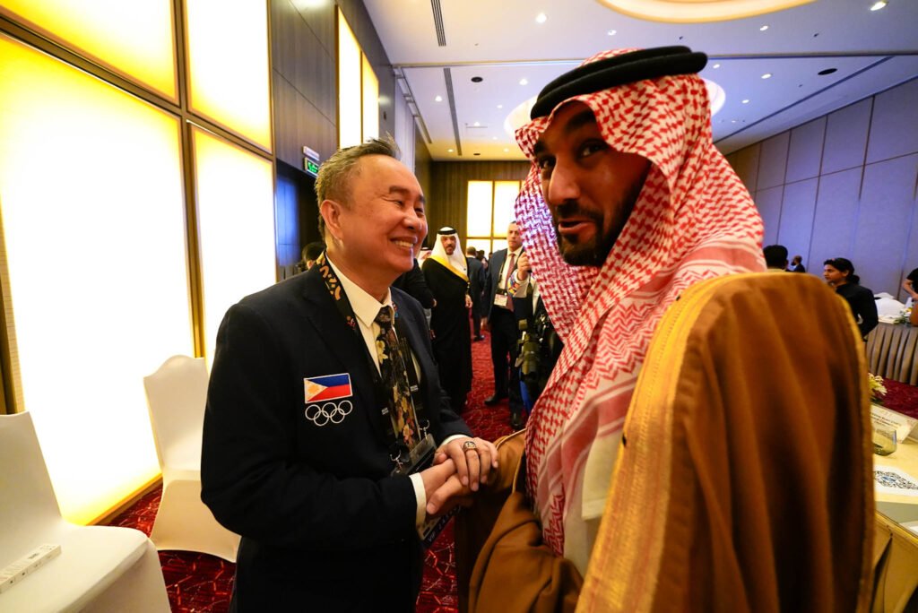 Philippine Olympic Committee president Bambol Tolentino speaks with Prince Abdulaziz Bin Turki Al-Faisal, the Minister of Sports of Saudi Arabia, during the 101st Olympic Council of Asia Executive Board Meeting at the Art Hotel and Resort in Manama, Bahrain. [POC photo]