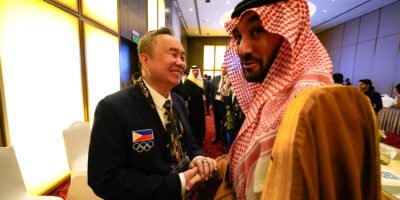 Philippine Olympic Committee president Bambol Tolentino speaks with Prince Abdulaziz Bin Turki Al-Faisal, the Minister of Sports of Saudi Arabia, during the 101st Olympic Council of Asia Executive Board Meeting at the Art Hotel and Resort in Manama, Bahrain. [POC photo]