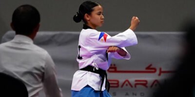 Kristen Ambriel Aguila displays form during her silver-medal poomsae performance in Bahrain. [POC photo]