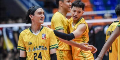 Alpha Insurance celebrates a comeback win in its Spikers’ Turf Invitational opener. [PVL Images]