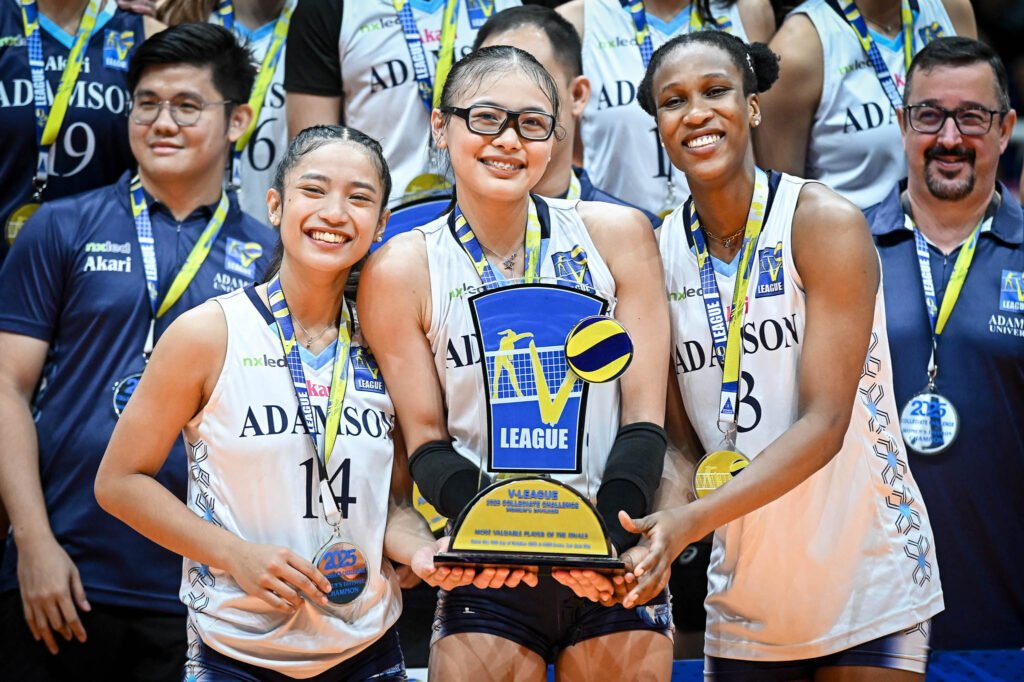Adamson celebrates after sweeping FEU to claim the 2025 Women’s V-League Collegiate Challenge crown. [V-League photo]