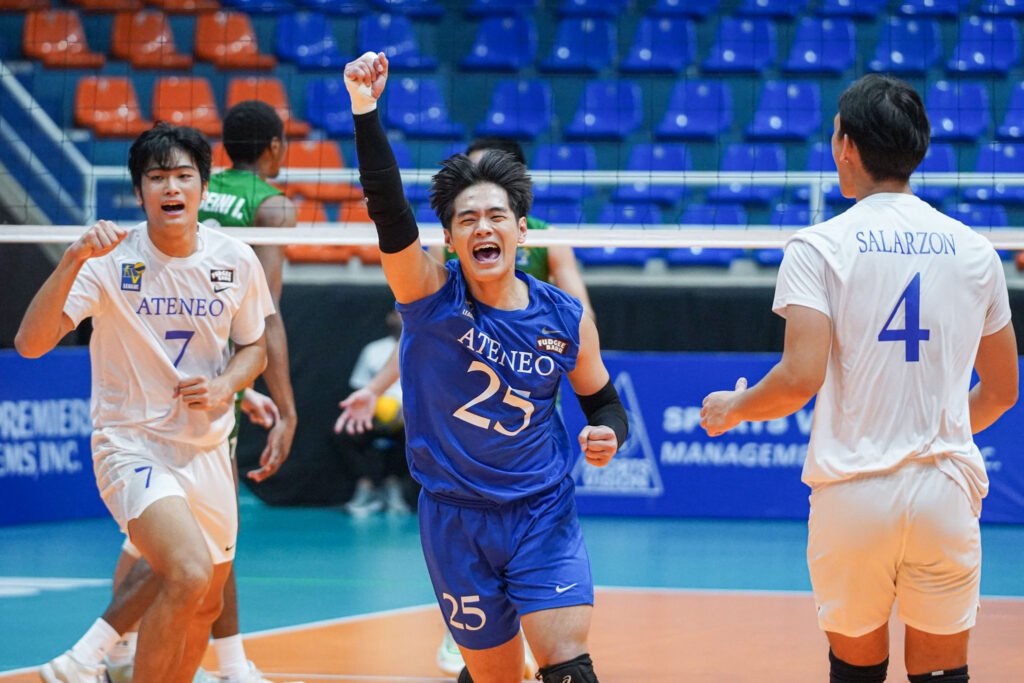 Ateneo players celebrate after stunning La Salle in Game 2 of the V-League semifinals. [V-League photo]
