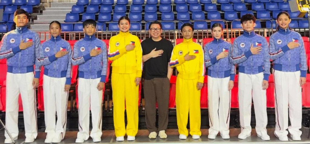 PROUDLY wearing Avel Bacudio’s signature design are (from left) Pi Durden Wangkay and Lorainne Batalla (athletics), Jan Brix Ramiscal (Muay), Harlene Serneche (volleyball) and Leo Mhar Lobrido (boxing), siblings Charlie and Travis Ratcliff (MMA) and Rhose Alemndralejo (volleyball). [POC photo]