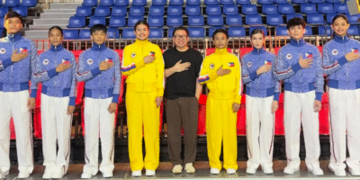 PROUDLY wearing Avel Bacudio’s signature design are (from left) Pi Durden Wangkay and Lorainne Batalla (athletics), Jan Brix Ramiscal (Muay), Harlene Serneche (volleyball) and Leo Mhar Lobrido (boxing), siblings Charlie and Travis Ratcliff (MMA) and Rhose Alemndralejo (volleyball). [POC photo]