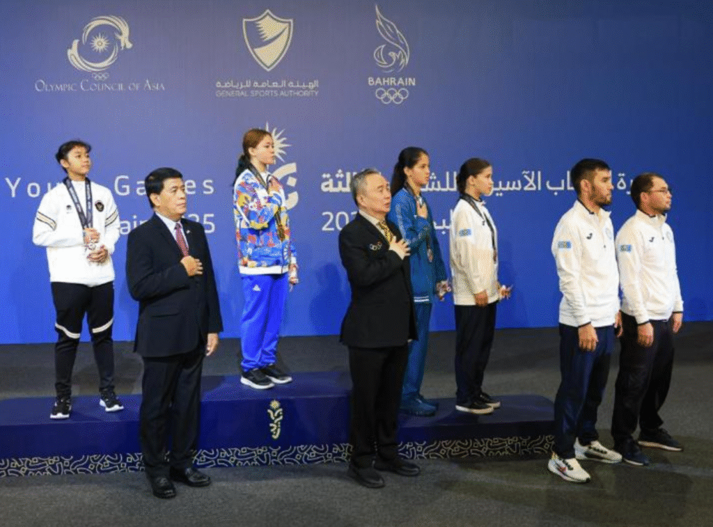 Kram Airam Carpio after winning gold in Pencak Silat for the Philippines at the Asian Youth Games in Bahrain.