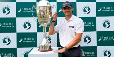 Dominic Foos celebrates his SJM Macao Open victory at Macau Golf & Country Club. [Asian Tour photo]