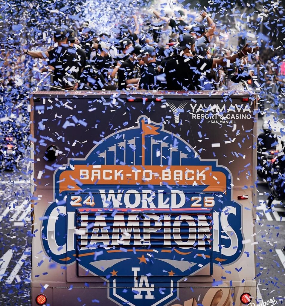 A sold-out Dodger Stadium becomes celebration central for more than 50,000 fans cheering their modern-day dynasty. [photo credit: Dodgers Instagram]