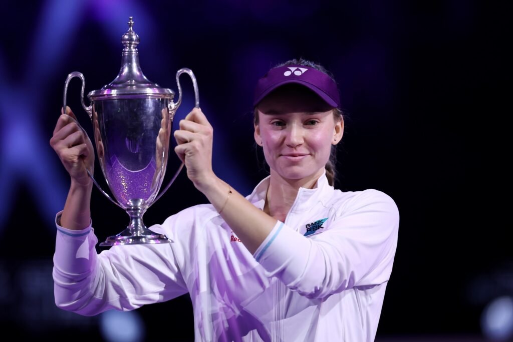 Elena Rybakina celebrates victory over Aryna Sabalenka at WTA Finals. [photo credit: WTA]