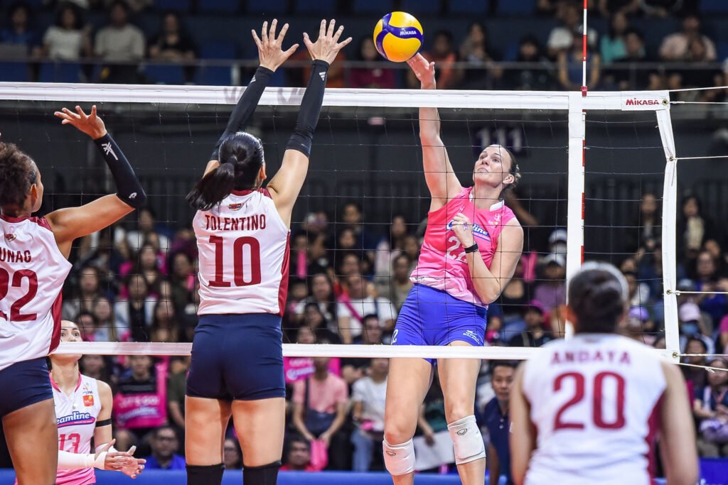 Coco Schwan rises for a kill as Creamline clinches a quarterfinal berth in the PVL Reinforced Conference. [PVL Images]