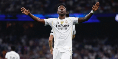 Vinicius Junior celebrates after scoring a goal, leading Instagram follower growth this month. [photo credit: Vinicius Junior Instagram]