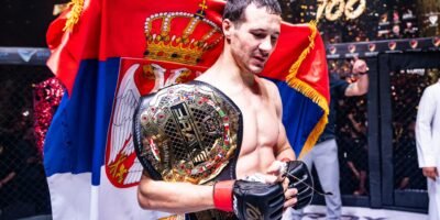 Borislav Nikolić celebrates his bantamweight title defense at BRAVE 100.