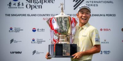 Yosuke Asaji celebrates his historic win at the Moutai Singapore Open. [photo credit: Asian Tour]