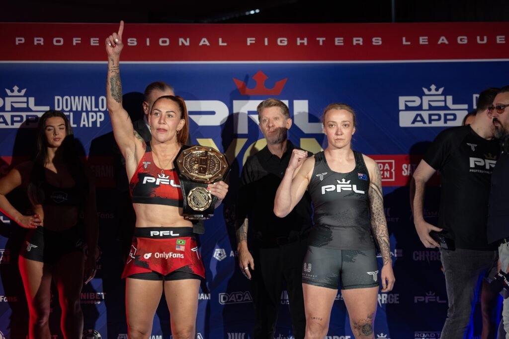 Cris Cyborg and Sara Collins make weight for the women’s featherweight title fight. [PFL photo]
