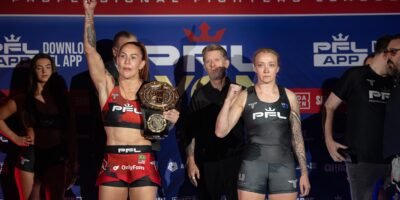 Cris Cyborg and Sara Collins make weight for the women’s featherweight title fight. [PFL photo]