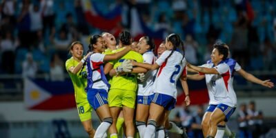 Philippine players celebrate after winning the SEA Games women’s football gold medal in Chonburi. [POC Media Pool]