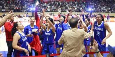 Gilas Pilipinas Women celebrate their 73-70 win at Nimibutr Stadium. [POC Media Pool]