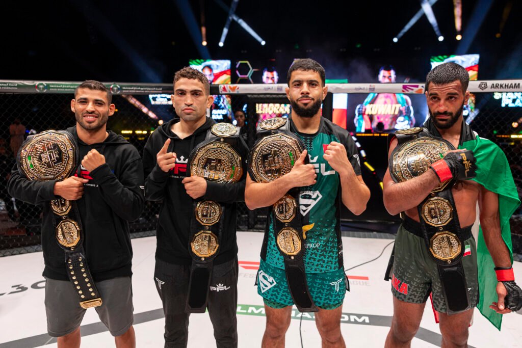 Four champions rose at the PFL MENA Finals in Khobar — a night of decisions, rapid submissions, and unforgettable moments. [PFL photo]