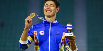 EJ Obiena celebrates after winning his fourth straight SEA Games pole vault gold. [POC Media Pool]