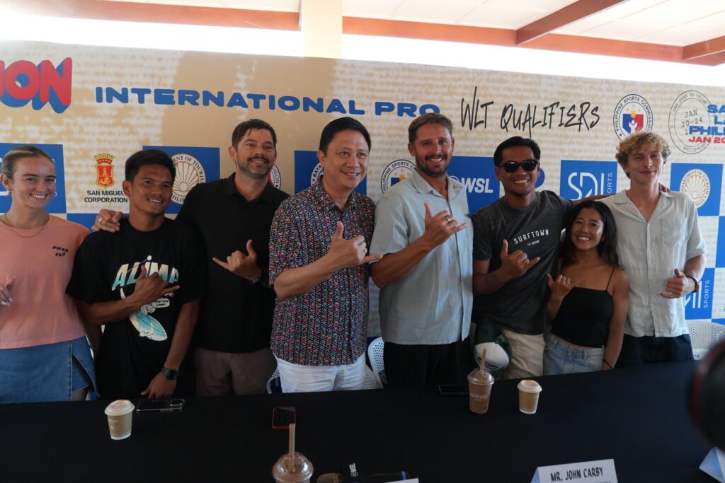 (L-R): Rachel Tilly, Jay-R Esquivel, Will Hayden-Smith (WSL Director for Longboard), PSC Chairman Patrick Gregorio, John Carby (SDMI Sports Technical Director), Marven Abat (La Union Surf Club President), Natsumi Taoka, and Jack Tyro