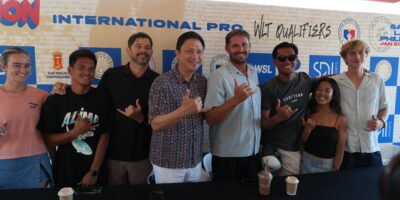 (L-R): Rachel Tilly, Jay-R Esquivel, Will Hayden-Smith (WSL Director for Longboard), PSC Chairman Patrick Gregorio, John Carby (SDMI Sports Technical Director), Marven Abat (La Union Surf Club President), Natsumi Taoka, and Jack Tyro